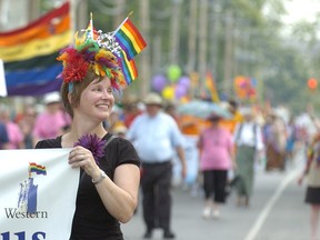 Greta Bauer of London wore her version of the facinator in honour of the royal wedding when she participated in the 17th annual Pride London Festival parade held on Sunday July 24, 2011 in London.  (File photo)