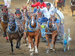 Chuckwagon driver Ray Mitsuing / Border Tribal Council makes his lap at the GMC Rangeland Derby at Stampede Park in Calgary on Sunday, July 14, 2019. Al Charest / Postmedia