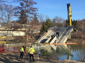 A truck loaded with gravel was marooned for a month on the collapsed Port Bruce bridge that had spanned Catfish Creek until it was removed on Mar. 23. The 1960s-era bridge collapsed Feb. 23 amid heavy flooding while the truck was being driven across it.