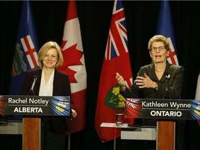 Alberta Premier Rachel Notley visits Ontario Premier Kathleen Wynne at Queens Park in Toronto, Ont. on Friday January 22, 2016.