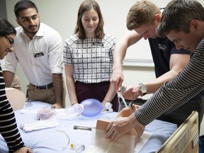 First-year medical students from the Schulich School of Medicine and Dentistry Manpreet Dang, Rohin Tangri, Caitlin Sullivan and Jackson Blonde learn about incubation from Dr. Andrew Lanz-O’Brien in this file photo. (Handout)