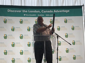 Doug LeBlanc, head of recycling company Green Solutions, speaks to business and community leaders at an event to profile recent London investments and expansions. (MEGAN STACEY/London Free Press)