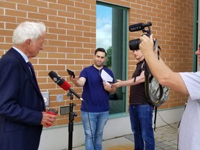 Defence lawyer Doug Grace speaks with reporters outside the Owen Sound courthouse Thursday after his client, Emanuel Bauman, received a suspended sentence and probation for criminal neglience causing the death of Bauman's son Steven in a farm accident Aug. 31, 2018. Scott Dunn/The Sun Times