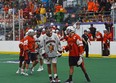 Six Nations Rebels captain Daylen Hill consoles Kainen Francis in the final seconds of the OJBLL championship match. The Rebels won 12-9, and enter the Founder's Cup as the Ontario champions.  on Monday June 10, 2019 in Akwesasnel, Ont. Nick Dunne/Cornwall Standard-Freeholder/Postmedia Network