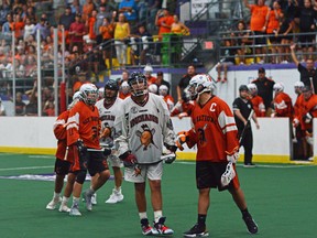 Six Nations Rebels captain Daylen Hill consoles Kainen Francis in the final seconds of the OJBLL championship match. The Rebels won 12-9, and enter the Founder's Cup as the Ontario champions.  on Monday June 10, 2019 in Akwesasnel, Ont. Nick Dunne/Cornwall Standard-Freeholder/Postmedia Network