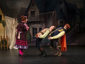Justin Bott, Ben Chiasson, and Tim Porter star in Jack and the Beanstalk: The Panto at Huron Country Playhouse until Aug. 31.
(David Delouchery photo)