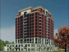 Grosvenor Development Corp. plans to build a 122-unit, 13-storey apartment building, at 112 St. James St. shown in this artist's rendering. Some residents in the neighbourhood near Gibbons Park plan a protest Monday night over the loss of 75 mature trees on the property.