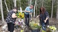 Steve Atchison digs a hole where sunflowers were planted at a roadside memorial for his son, Traves Atchison, and his girlfriend Jana Watson, who were killed in a head-on crash south of Tobermory on Aug. 26, 2017. Jana's grandmother, Holly Watson, left, and Traves' mother, Joanne Atchison, were among those planting flowers Monday at the site of their deaths in Northern Bruce Peninsula. Scott Dunn/The Owen Sound Sun Times/Postmedia Network