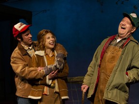 Larry (Kurtis Leon Baker), Leanne (Lucy Meanwell) and Austin (Layne Coleman) share a moment while out fixing fences in the field in Blyth Festival's production of Dan Needles' The Team on the Hill on stage until Sept. 5.