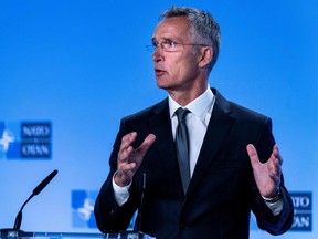 NATO Secretary General Jens Stoltenberg gestures as he delivers a speech during a press conference about the end of the Intermediate-Range Nuclear Forces (INF) treaty at the North Atlantic Treaty Organization (NATO) headquarters, in Brussels, on August 2, 2019. - NATO will aim to avoid a "new arms race" with Russia and not deploy nuclear missiles on European soil, alliance chief Jens Stoltenberg said, blaming Moscow for a Cold War pact's demise on August 2, 2019. The 29-country NATO rallied behind Washington after the United States and Russia ripped up the 1987 Intermediate-Range Nuclear Forces (INF) treaty. (Photo by Kenzo TRIBOUILLARD / AFP)KENZO TRIBOUILLARD/AFP/Getty Images