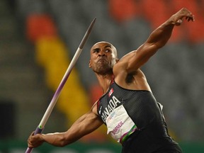 Londoner Damian Warner competes in the men's javelin throw as part of the decathlon during the 2019 Pan-American Games in Lima, Peru on August 7, 2019. (Photo by LUIS ROBAYO / AFP)