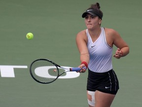 Bianca Andreescu plays a shot against Sofia Kenin during the Rogers Cup at Aviva Centre in Toronto on Saturday, Aug. 10, 2019.