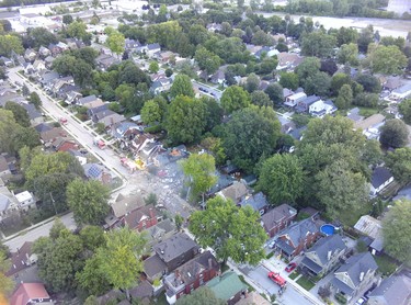 London Police provided the City of London with these aerial shots of the explosion scene from Old East Village Thursday morning. (Twitter)