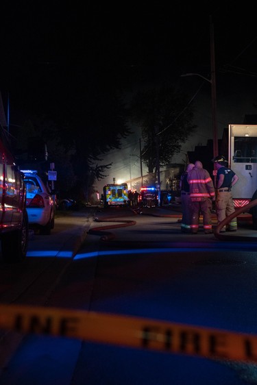 Images from the area where an overnight natural gas explosion and fires occurred after a car going the wrong way on a one-way street slammed into a home late Wednesday. (Max Martin, The London Free Press)