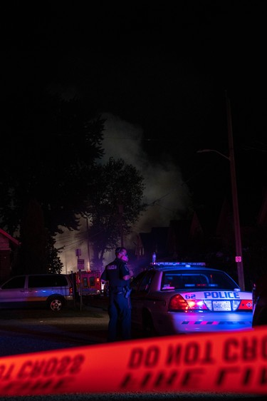 Images from the area where an overnight natural gas explosion and fires occurred after a car going the wrong way on a one-way street slammed into a home late Wednesday. (Max Martin, The London Free Press)