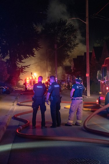 Images from the area where an overnight natural gas explosion and fires occurred after a car going the wrong way on a one-way street slammed into a home late Wednesday. (Max Martin, The London Free Press)