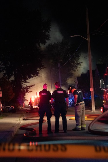 Images from the area where an overnight natural gas explosion and fires occurred after a car going the wrong way on a one-way street slammed into a home late Wednesday. (Max Martin, The London Free Press)