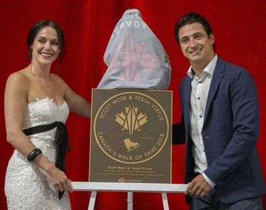 Scott Moir and Tessa Virtue  unveil Moir's Canada Walk of Fame Plaque at the Ilderton Arena in Ilderton, Ont. on Wednesday August 7, 2019. Derek Ruttan/The London Free Press/Postmedia Network