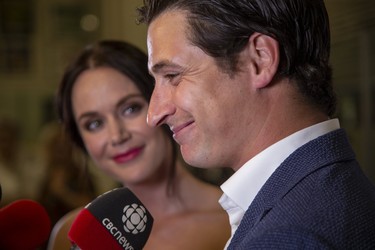 Scott Moir and Tessa Virtue  speak to media after a ceremony to unveil Moir's Canada Walk of Fame Plaque at the Ilderton Arena in Ilderton, Ont. on Wednesday August 7, 2019. Derek Ruttan/The London Free Press/Postmedia Network