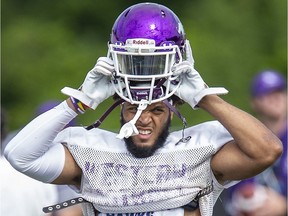 Trey Humes practices with the Western Mustangs at TD Stadium in London, Ont. on Thursday August 22, 2019. (Derek Ruttan/The London Free Press)