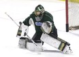 London Knights goalie Jordan Kooy stops the puck during practice at Budweiser Gardens in London, Ont. on Monday April 15, 2019. (Derek Ruttan/The London Free Press)