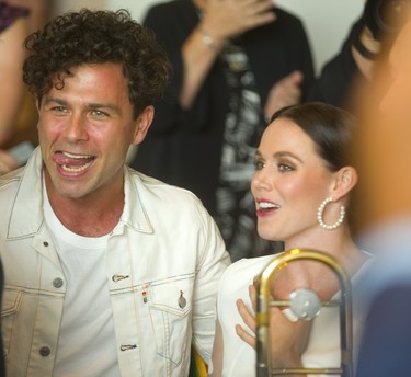 Arkells frontman Max Kerman and Tessa Virtue as the Arkells crashed the Canada's Walk of Fame ceremony honouring Tessa Virtue at Museum London on Wednesday August 7, 2019.  Mike Hensen/The London Free Press/Postmedia Network