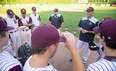 Head coach Mike Lumley of the London Badgers huddles with his team before their game against the St. Thomas Tomcats at Labatt Park.  The U-18 Badgers are hosting the National Under-18 tournament next week, after winning the championship the past two years. (Mike Hensen/The London Free Press)