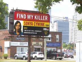 A billboard at Maitland and Hamilton Road asks for information leading to the killer of Sonya Cywink who was killed in 1994 in London, Ont.  (Mike Hensen/The London Free Press)