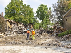 The house at 450 Woodman Ave. was destroyed in an explosion after a car crash on Aug. 14. The two neighbouring homes were later demolished and several remain unsafe to occupy. (London Free Press file photo)
