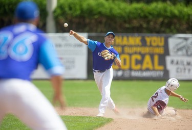 Carson Lumley of the Badgers is forced out at second by Quebec's Alfonso Villabosby who was late to first for the double play. The London Badgers will be playing for bronze after losing 6-1 to Quebec Sunday morning in Labatt Park in the semi-final of the Canadian National U18 tournament in London, Ont.   Mike Hensen/The London Free Press/Postmedia Network