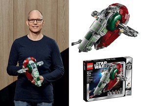 Michael Lee Stockwell, design manager of LEGO Star Wars, with the 20th Anniversary Edition of Boba Fett's spaceship, Slave 1.