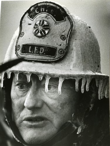London Fire Chief Ray Morley's ice coated helmet illustrates the bitter cold firefighters endured as they battled a fire at Patton's Place warehouse, 1979. (London Free Press files)
