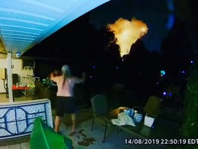 Surveillance footage from a home on Dorinda Street, north of Dundas Street and Kellogg Lane, captured the massive explosion on nearby Woodman Avenue that damaged at least 10 homes and injured seven people on Wednesday night. (Facebook)