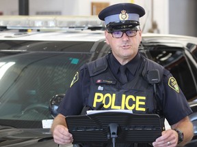 OPP Const. Barry Cookson explains a new campaign aimed at reducing the number of intersection-related collisions throughout Perth County on Thursday August 22, 2019 in Milverton, Ont. (Terry Bridge/Postmedia Network)