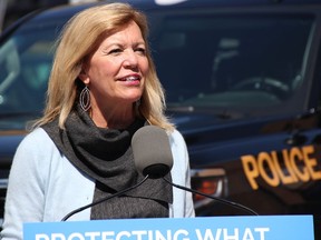 Health Minister Christine Elliott speaks outside Bluewater Health in Sarnia Friday. Sought after funding for a residential detox centre "is under active discussion," she said, noting hopes are a response comes "in short order." Tyler Kula/Sarnia Observer/Postmedia Network