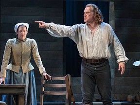 Shannon Taylor as Elizabeth Proctor, Tim Campbell as John Proctor and Gordon Patrick White as Ezekiel Cheever in The Crucible. Photography by Cylla von Tiedemann.