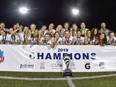 FC London women celebrate after winning their third League1 Ontario playoff championship with a 1-0 win over the Oakville Blue Devils Saturday night at the Ontario Soccer Centre in Woodbridge.