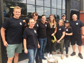 First responders gathered Sunday night at Union 10 Distilling Co., on Dundas St. E., to raise money and celebrate their community. From left, Tommy Hughes, Janita Enter, Allison Vickerd, A.J. (Andrew) Braatz, Jenny Swartman, Lindsay Findlay, Alex Findlay, Dave Chmara, Bob Geilen. (NORMAN DE BONO, The London Free Press)