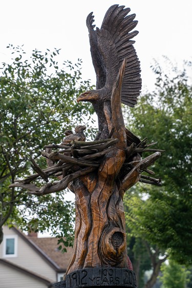 The Eagle's Nest sculpture at Ealing Public School, part of the Hamilton Road tree trunk tour, has the names of the grade one students from the year the piece was created carved into it. (MAX MARTIN, The London Free Press)