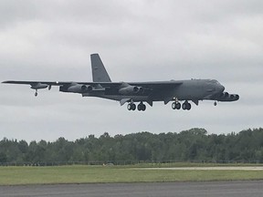 A B-52 bomber lands at London International Airport on Thursday, Sept. 12, one day before the kick-off of the three-day Airshow London. (HEATHER RIVERS, The London Free Press)