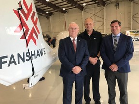 From left Larry Weir, associate dean of Norton Wolf School of Aviation Technology, Scott McFadzean, CEO of Diamond Aircraft and Bill Welsch, president of Diamond Flight Centre at the launch of a new commercial flight and leadership  training program that  will train pilots for the first time through Fanshawe College. (HEATHER RIVERS, The London Free Press)