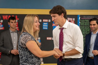 Prime Minister Justin Trudeau stopped by Lisa Allison's grade 1 and 2 class at Blessed Sacrament Catholic elementary school as part of his campaign swing through Southwestern Ontario. (MAX MARTIN, The London Free Press)