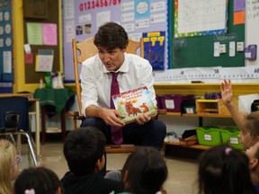 Prime Minister Justin Trudeau read to Grade 1 and 2 pupils at Blessed Sacrament Catholic elementary school in London during a campaign stop on Monday Sept. 16, 2019. His book of choice? Why I Love Canada. (MAX MARTIN, The London Free Press)