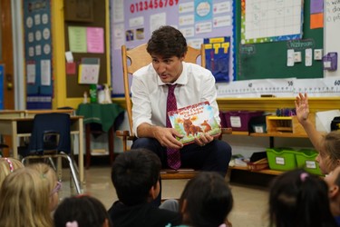 Prime Minister Justin Trudeau read to Grade 1 and 2 pupils at Blessed Sacrament Catholic elementary school in London during a campaign stop on Monday Sept. 16, 2019. His book of choice? Why I Love Canada. (MAX MARTIN, The London Free Press)