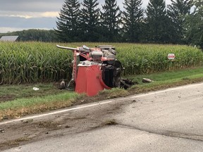 One person was killed in a two-vehicle crash at the intersection of Narin Road at Ilderton Road near Poplar Hill on Thursday morning. (OPP/Twitter)