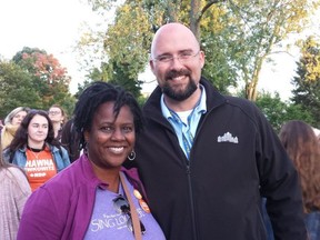 Dirka Prout is the federal NDP candidate in London North Centre. Terence Kernaghan is the NDP politician who holds the provincial seat in the same riding. Both attended Take Back the Night in Victoria Park Thursday evening. (Dan Brown, The London Free Press)