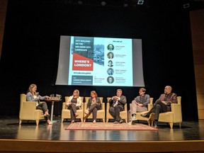 A city building event at Wolf Performance Hall on Thursday, Sept. 26. From left to right, moderator Megan Stacey, St. Catherines' planner Tami Kitay, Waterloo Region's planner Michelle Sergi, urban planner Brent Toderian, Hamilton's planner Jason Thorne and London's planner John Fleming. (Twitter)