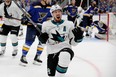 Logan Couture of the San Jose Sharks celebrates after scoring a goal on Jordan Binnington of the St. Louis Blues during the third period in Game Three of the Western Conference Finals during the 2019 NHL Stanley Cup Playoffs at Enterprise Center on May 15, 2019 in St Louis, Missouri. (Photo by Elsa/Getty Images)