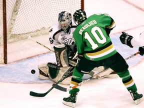 Josh Beaulieu can't get to a bouncing rebound in front of Guelph goalie Ryan MacDonald. (File photo)