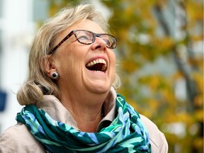 Green Party leader Elizabeth May shares a laugh with local candidates during a campaign stop outside Sunalta LRT station near downtown Calgary on  Friday, September 20, 2019.